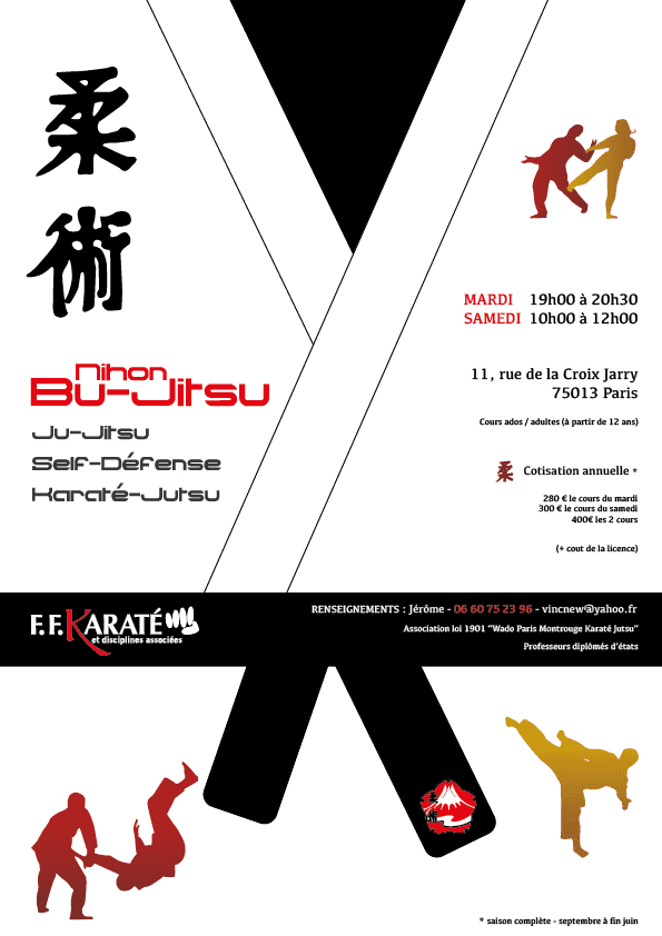 affiche pour un club de karaté, représentant un kimono avec une ceinture noire, des silhouettes exécutants des prises, le logo de la ffk et celui du club ainsi que toutes les informations relatives aux cours.