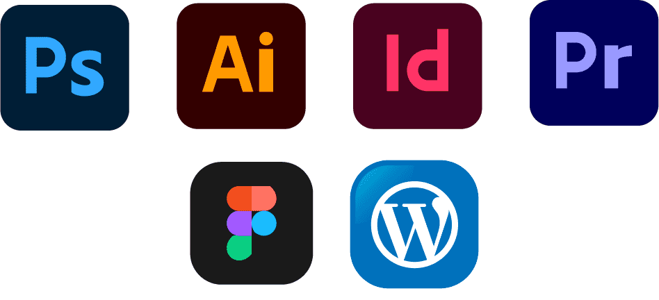 logo photoshop, illustrator, indesign, premiere pro, figma et wordpress.